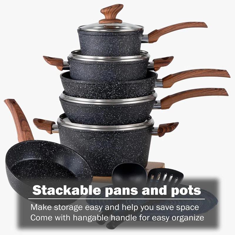 BN-LINKKL Kitchen Academy Induction Cookware Sets - 12 Piece Cooking Pan Set, Granite Black Nonstick Pots And Pans Set