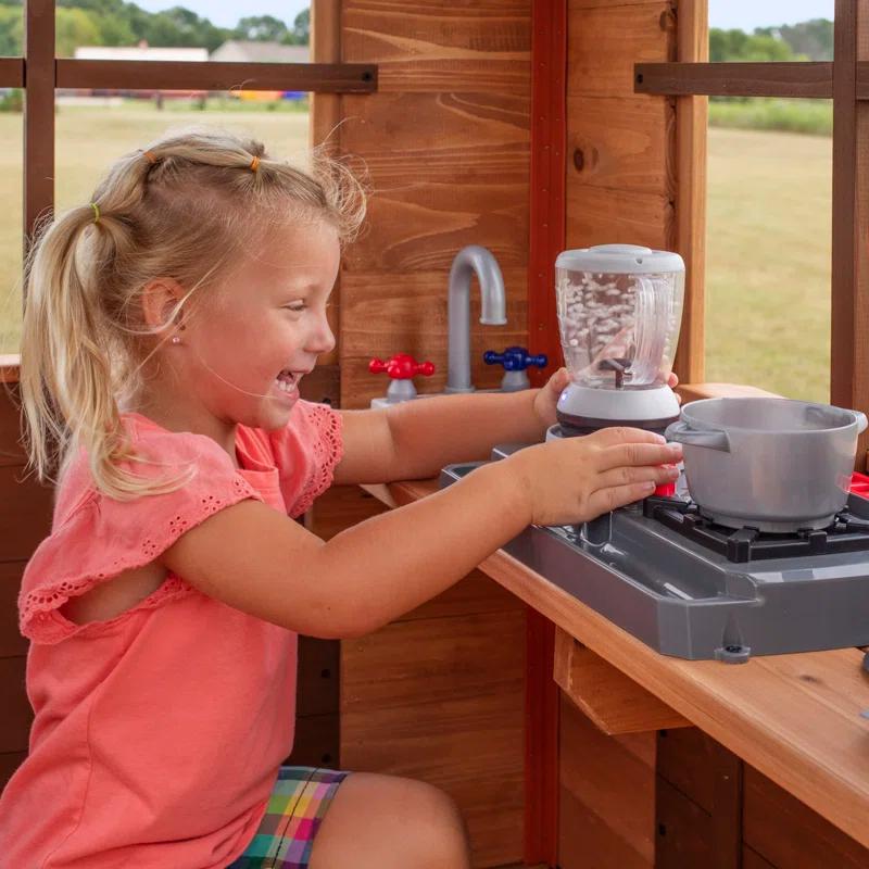Backyard Discovery Echo Heights Cedar Wooden Elevated Kids Playhouse with Wave Slide, Play Kitchen, and Deck & Reviews | Wayfair