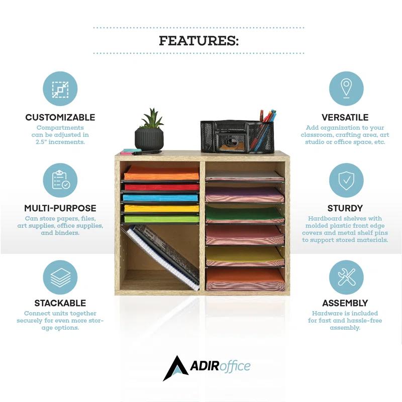 AdirOffice Wood Adjustable 12 Compartment Literature Organizer Mailroom Organizer