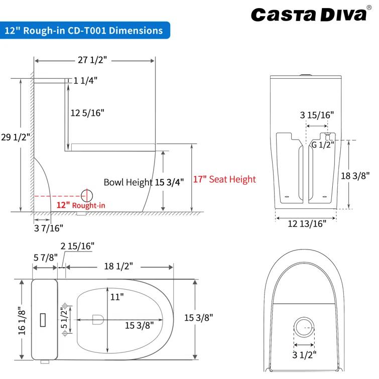 Casta Diva 17" Comfort Height Standard  Toilet, Dual-Flush Modern Elongated One-Piece Toilet with Glazed Surface (Seat lncluded) CD-T001