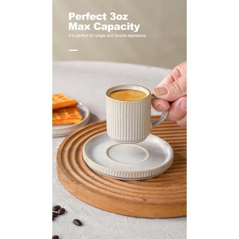 shuoli Star Espresso Cups And Saucers Set Of 4, [ Mini ] 3 Oz Ceramic Small Coffee Mug With Handle, Ribbed Stoneware Demitasse Cup For Tea, Latte - Microwave & Dishwasher Safe - Cappuccino White