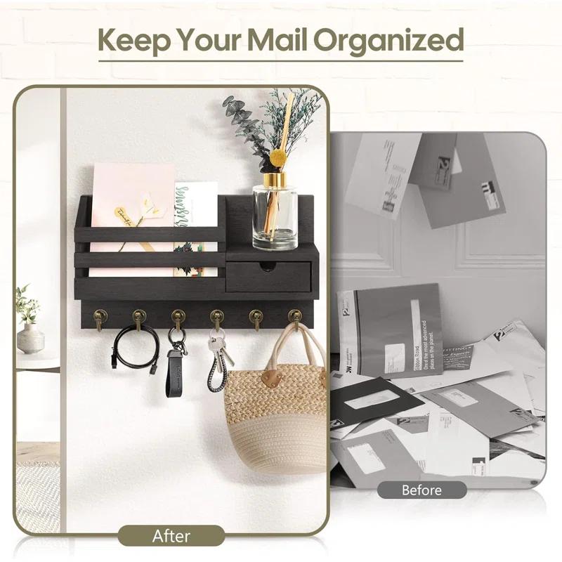 Winston Porter Wall Mount Key And Mail Organizer With 6 Hooks, Storage Drawer, Easy Installation For Entryway, Hallway, Home Decor