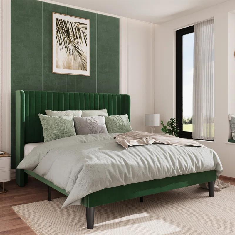 Candler Velvet Upholstered Platform Bed with Wingback Headboard and Wooden Slats
