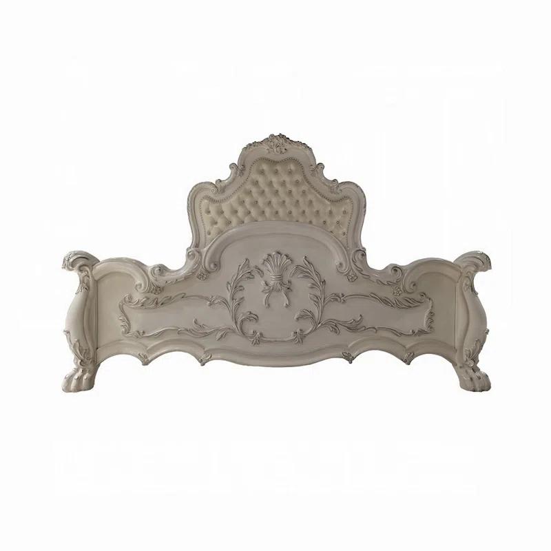 Benjara Ally Bed, Classical White Faux Leather Victorian Carved Wood