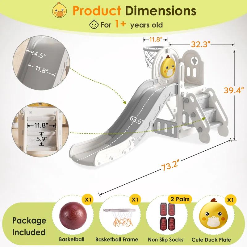 5 in 1 Toddler slide, Kids Slide with Climber Outdoor Indoor Slide Cute Duck Theme Playset