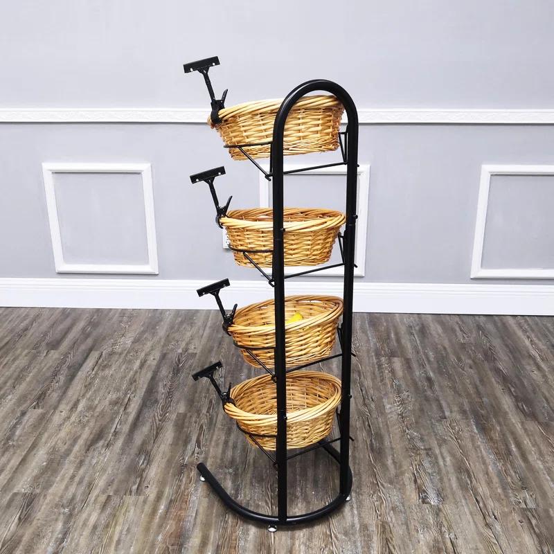 FixtureDisplays 4 Tier Basket Stand, Sign Clips, Wicker Grocery Store Rack Display, Market Basket Rack Kitchen