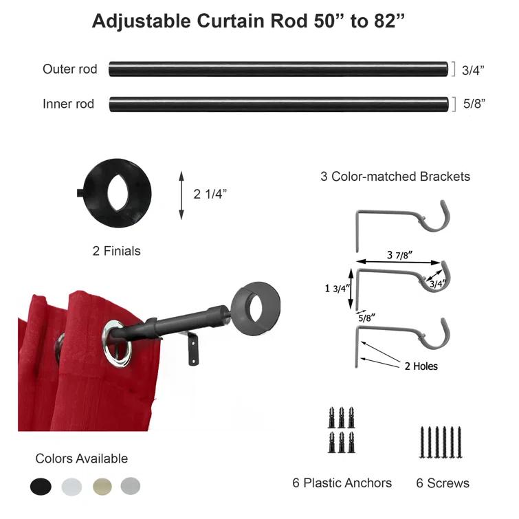 Evideco Stainless Steel Adjustable Single Curtain Rod (Set of 2)