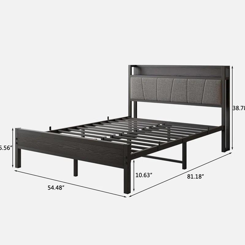 Bed Frame, Storage Headboard with Charging Station