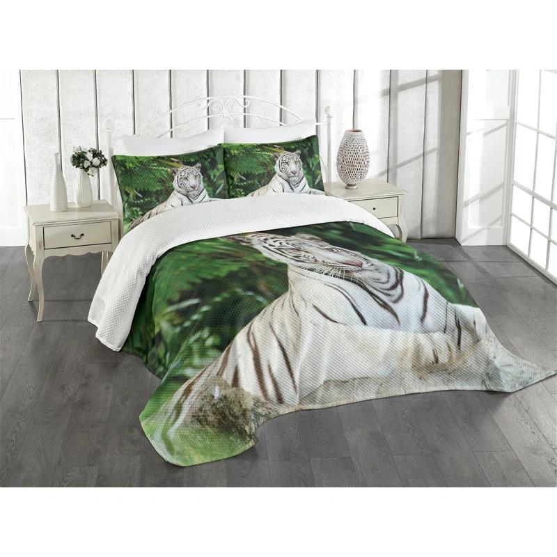 Ambesonne Ambesonne Tiger Bedspread Set Albino Bengal Cat on Rock Fern Green White