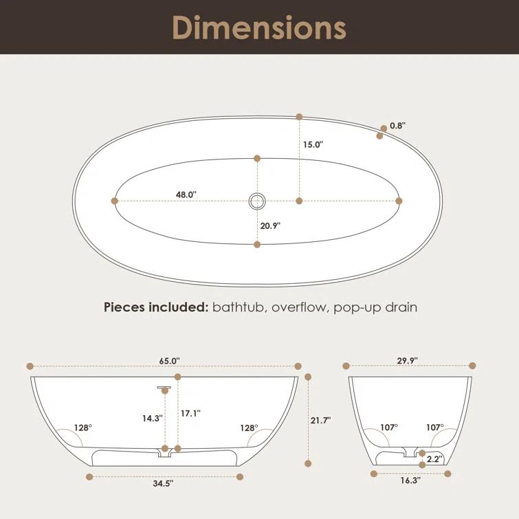 Altair Euston 65'' x 29.9'' Freestanding Soaking Stone Rein Bathtub 53165-BAT-MW