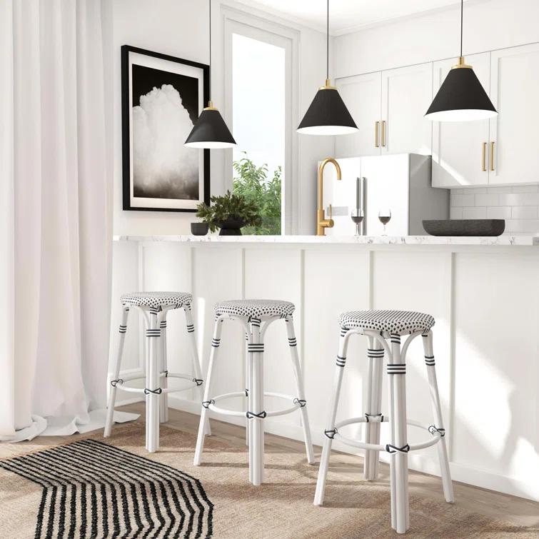 Butler Specialty Company Tobias Round Rattan 30" Bar Stool - White And Black Dot