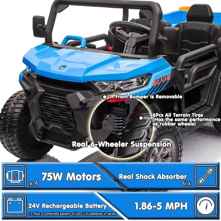 JOYRACER 24V 2 Seater Ride On Dump Truck with Remote Control , Electric UTV Car with Electric Dump Bed, 4WD Power Ride Cars W/6 Wheels Ride On Toys with Shovel Music Player