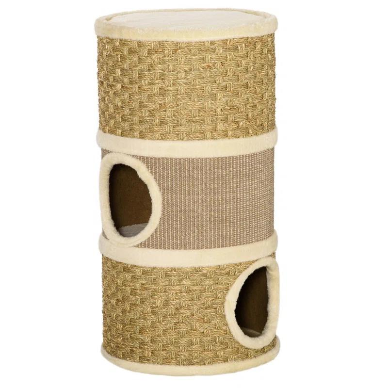 George Oliver 28 Inch Cat Condo, 3 Story Cat Hideaway with Sisal Scratching Pad, Barrel Shaped Small Cat Tree