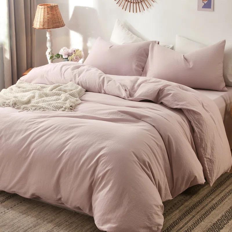 MOOMEE 100% Washed Cotton Linen Like Textured Duvet Cover Set