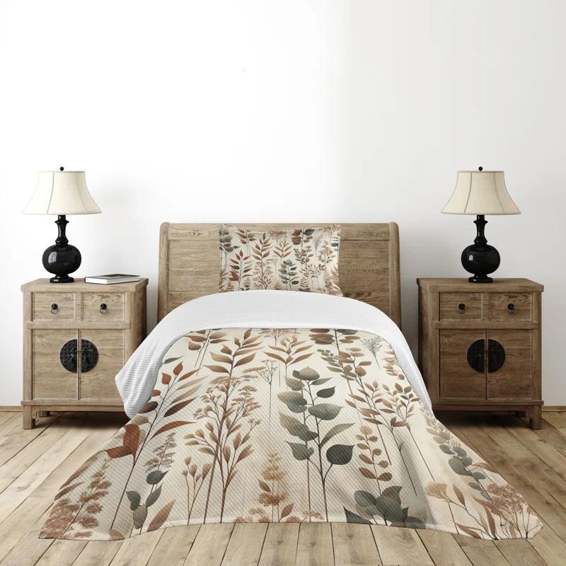 Ambesonne Ambesonne Brown Bedspread Set Vintage Botanical Concept Pale Camel Laurel Green