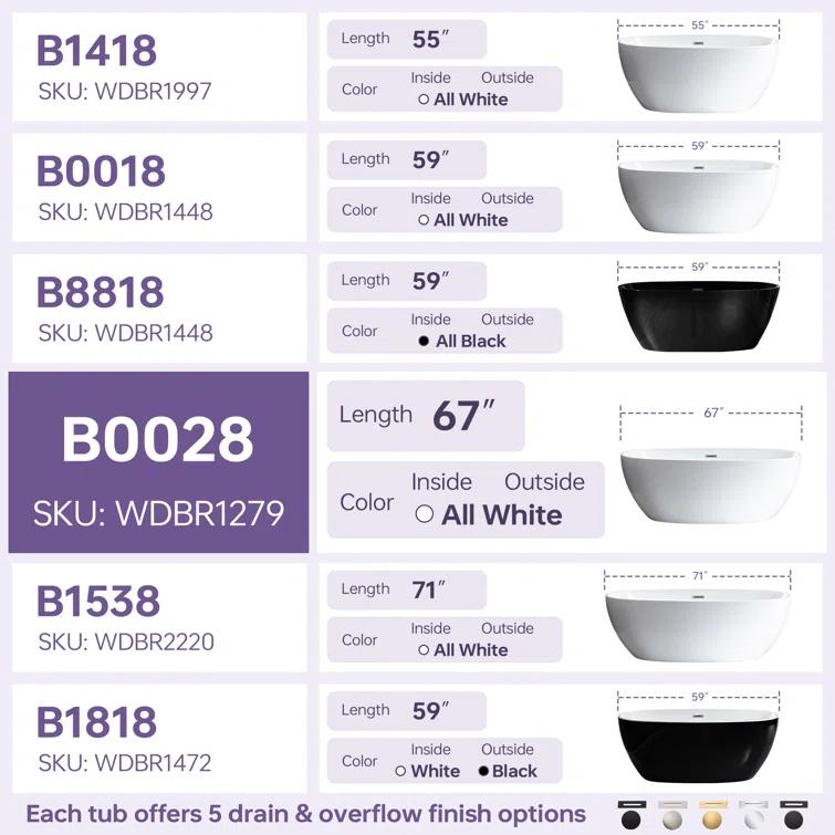 67" x 32" Freestanding Soaking Acrylic Bathtub