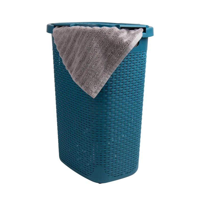 The Twillery Co.® 60L Slim Laundry Hamper, Clothes Basket, Lid, Wicker Style, Plastic