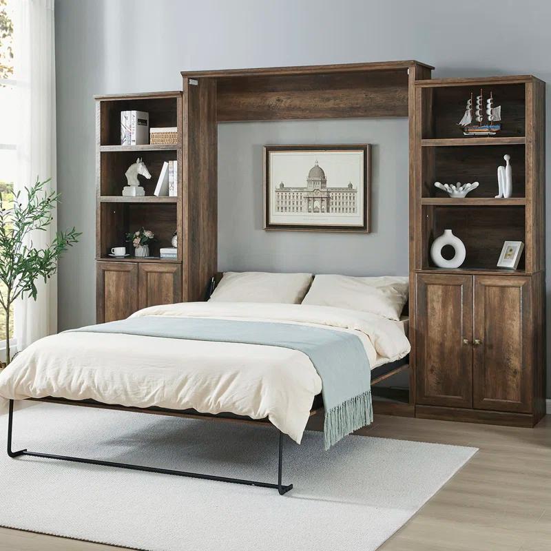 LOONGFIELD Full Size Half Self-Close And Open Murphy Bed With 2 Side Cabinet Storage Shelf, Cabinet Space-Saving Bed Perfect For Guest Room, Bed Room, Guest Room, Home Office