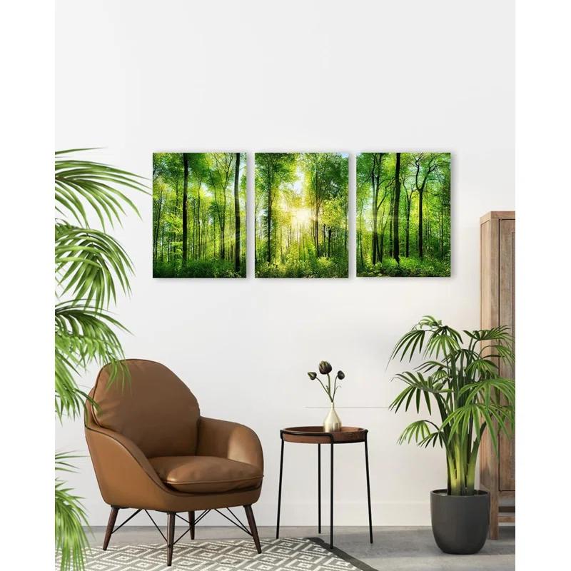 3 Panel Nature Wall Art ,Landscape Paintings Framed Trees Green Pictures Sunrise Scenery Wall Decor