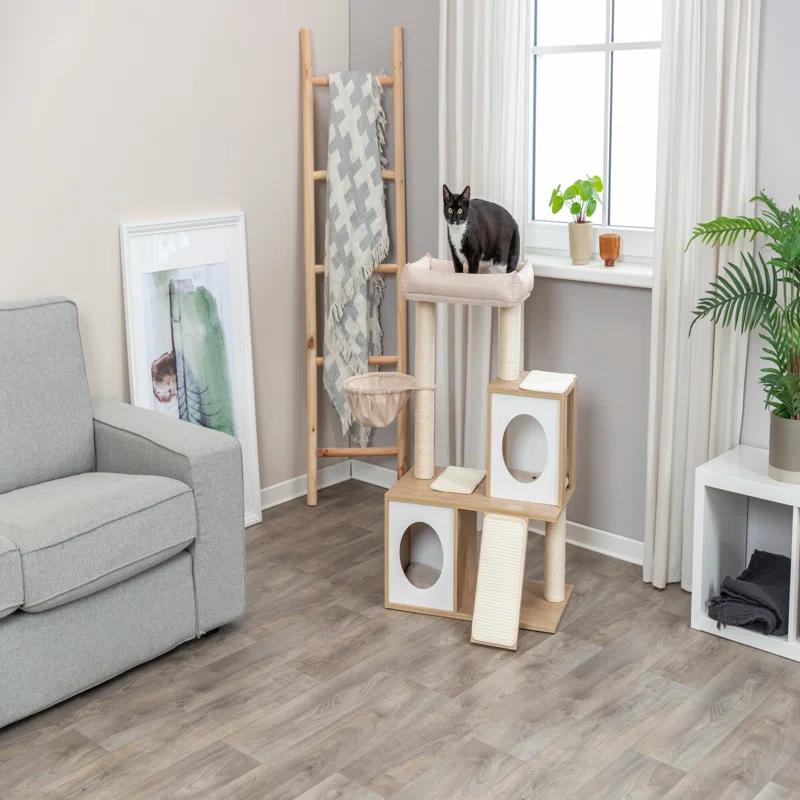 TRIXIE Addison 35.5-in Cat Tree, Modern Wood Cat Tower, Sisal Scratching Posts & Pads, 2 Condos, Hammock, Cozy Bed