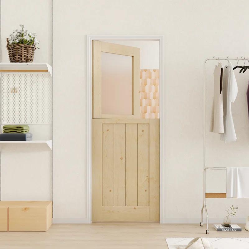 CHIC MODE Interior Dutch Door - Half Frosted Glass Split Single Door Slab, Modern Style Farmhouse Closet Door, Natural Pine Wood(Not Include Door Hinges)