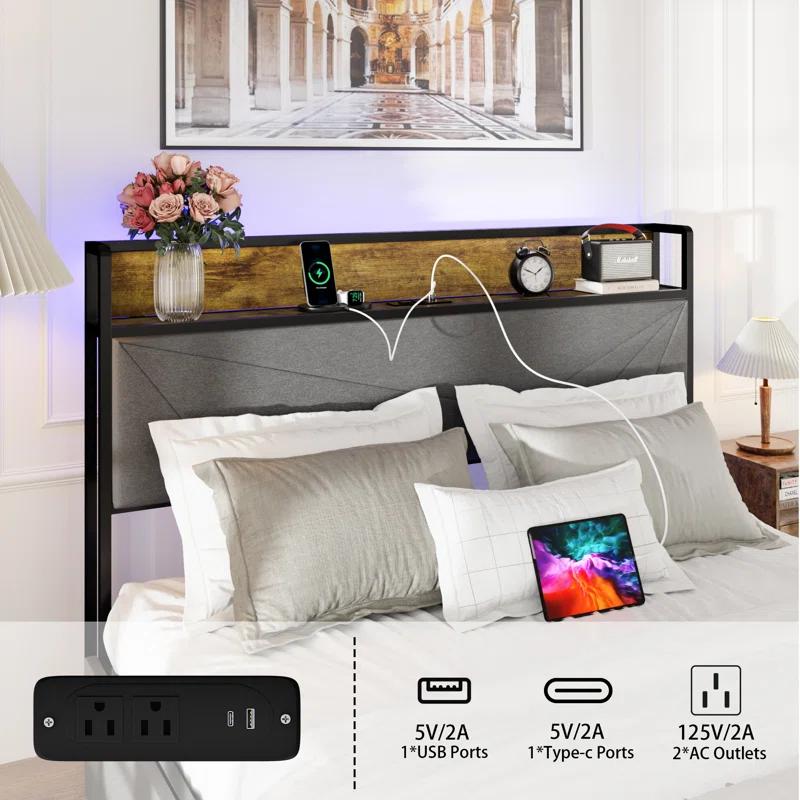 Full Size Bed Frame With 4 Storage Drawers And 2 USB Ports, Upholstered Platform Bed Frame With Storage Headboard Charging Station And Metal Slat Support, No Box Spring Needed, Dark Grey