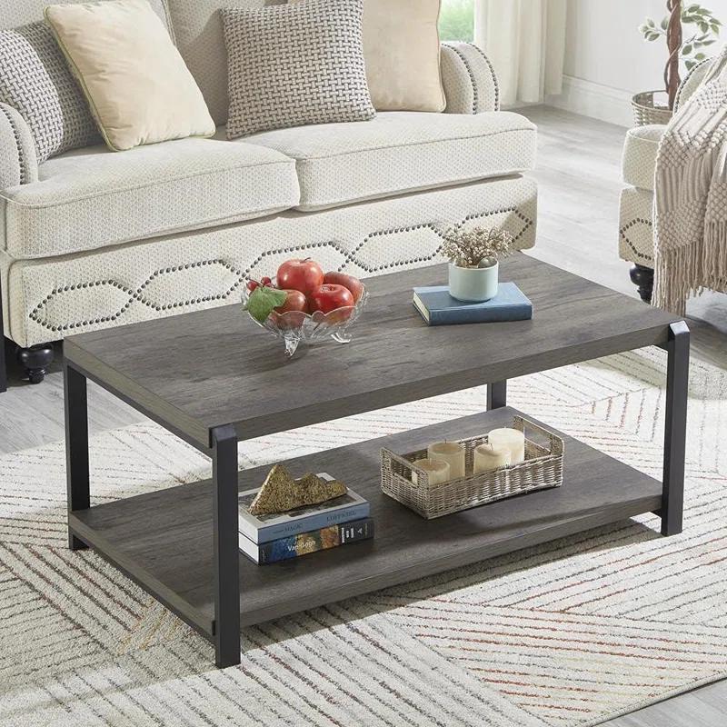 17 Stories Coffee Table With Storage Shelf, Rustic Wood And Metal Cocktail Table For Living Room, Grey