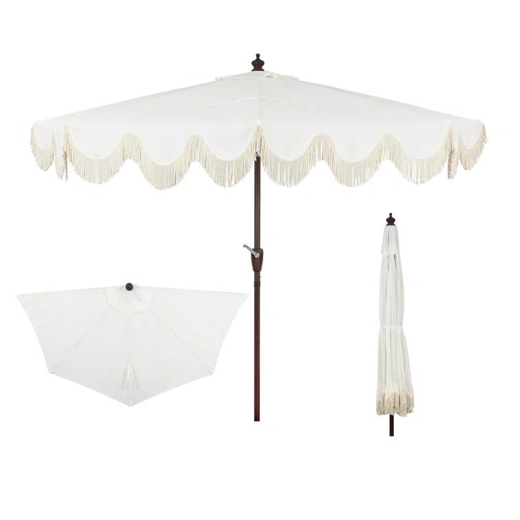 Arlmont & Co. Tasheba 9 ft. Classic Scalloped Fringe Half Market Patio Umbrella with Crank, and UV Protection