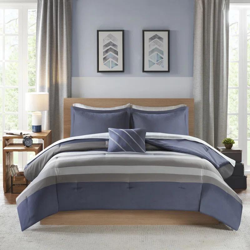 Intelligent Design Marsden Blue/Gray Microfiber Striped Comforter Set with Bed Sheets
