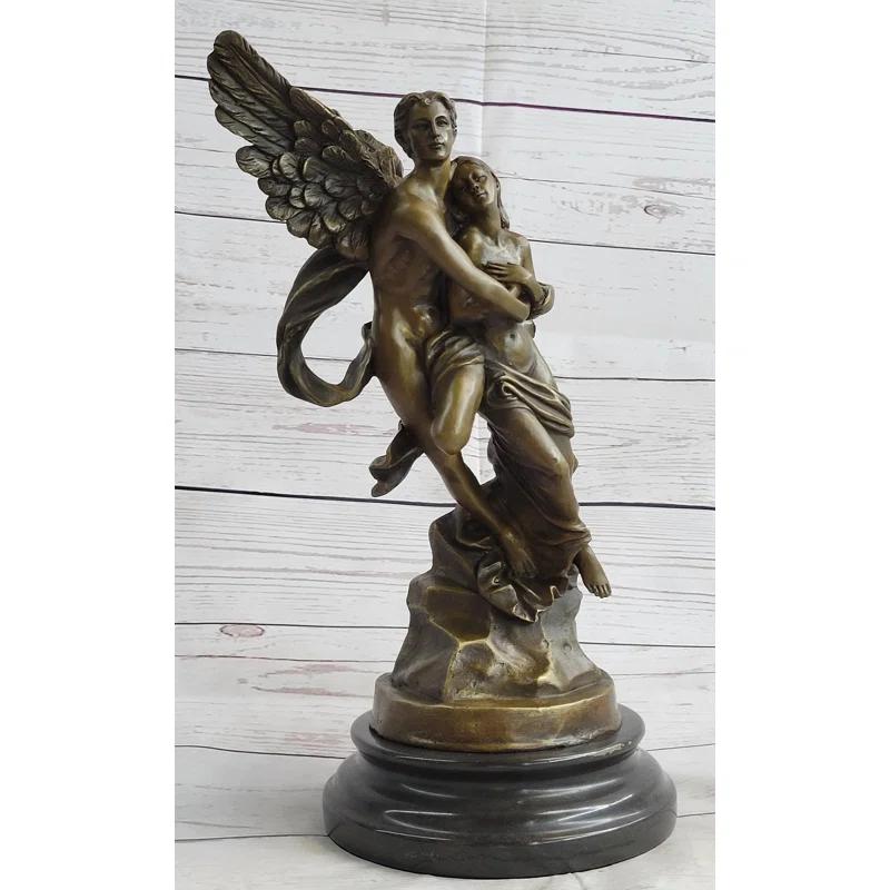 Bloomsbury Market Azal Eros  Psyche Romantic Lovers Angel Bronze Statue Sculpture Figure On Marble Base 13 Inches X 6 Inches