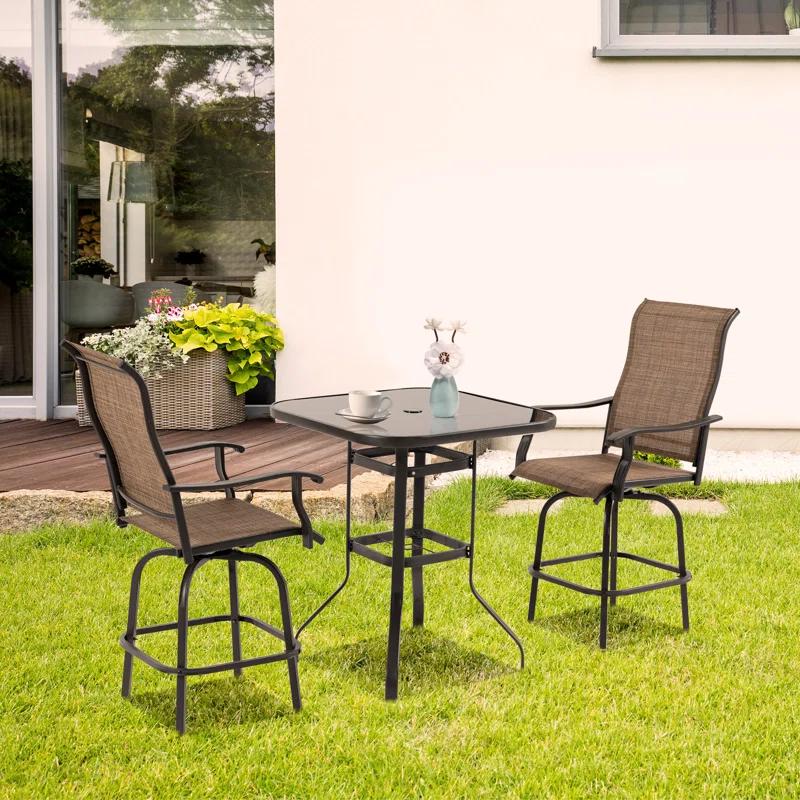 Canora Grey Outsunny Set of 2 Outdoor Swivel Bar Stools with Armrests, Bar Height Patio Chairs with Steel Frame , Brown
