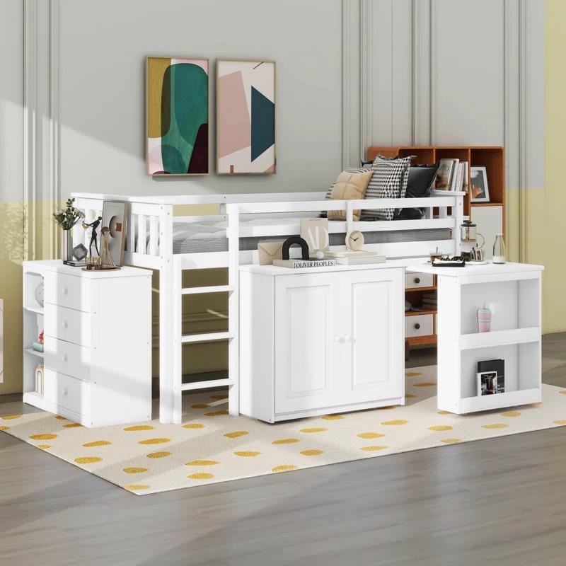 Harriet Bee Twin Loft Bed With Storage Cabinet, Drawer And Shelf Cabinet And Pulling-Out Desk