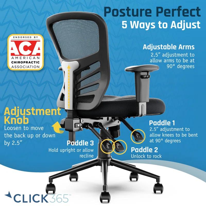 CLICK365 Click365 Flow Mid Back Mesh Office Chair, Extra Padded Seat Cushion, Adjustable Armrest Back Height
