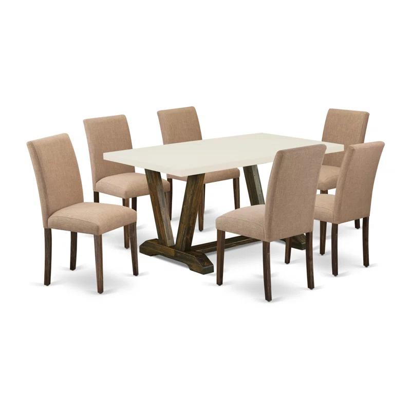 Red Barrel Studio® 7-Piece Dining Set Contains a Linen White (Off-White) Kitchen Table and 6 Light Sable Linen Fabric Kitchen Chairs - Distressed Jacobean Finish