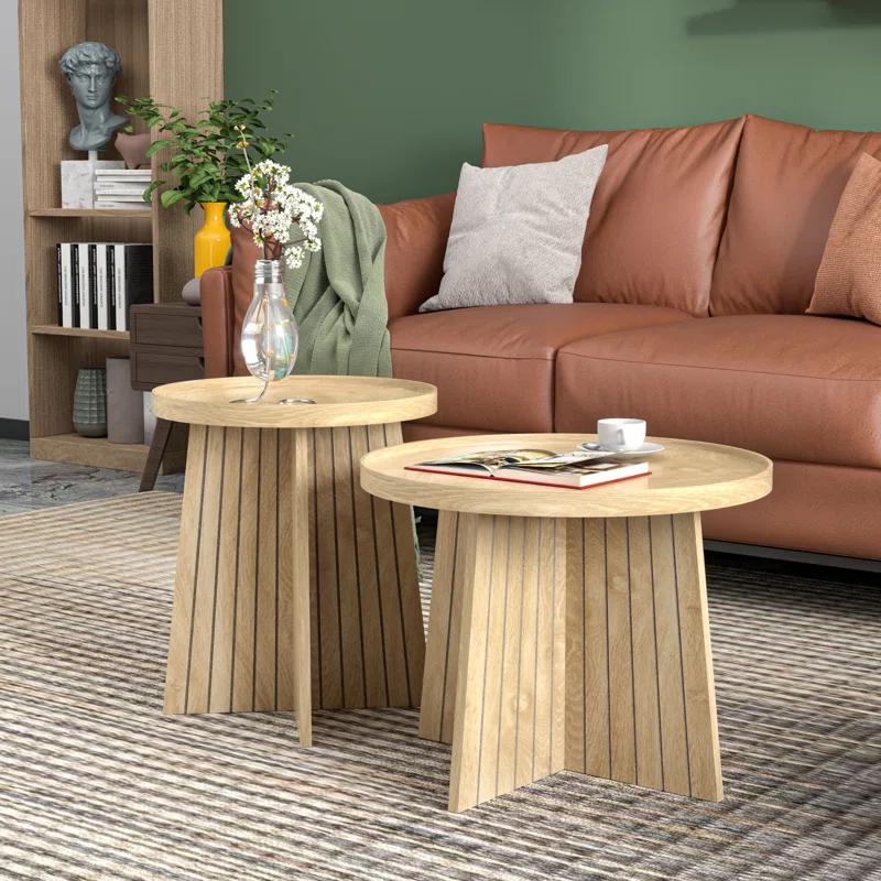 Gracie Oaks Round Fluted Nesting Coffee Table, 2 Piece Coffee Table Set For Living Room, Office, Balcony