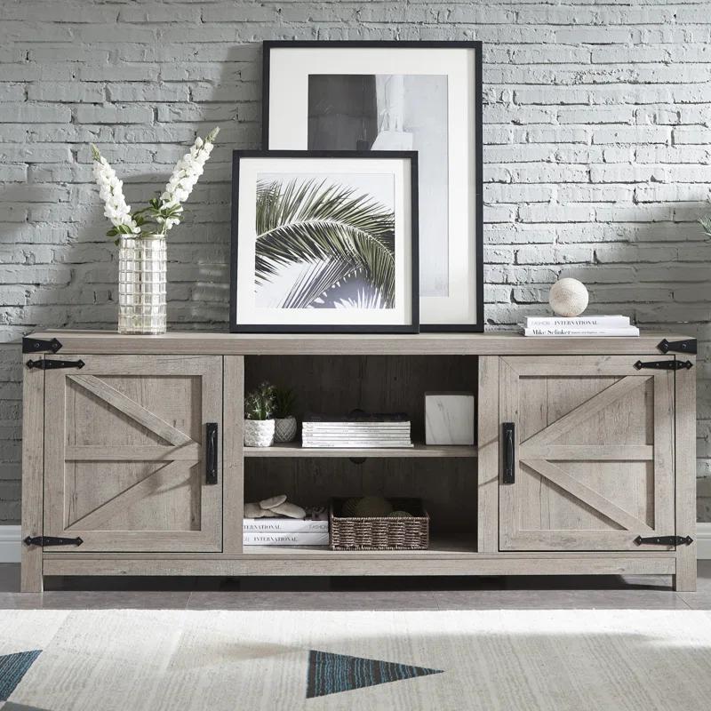Laquela Farmhouse TV Stand for TVs Up to 75“, Wood Barn Door Media Console Table
