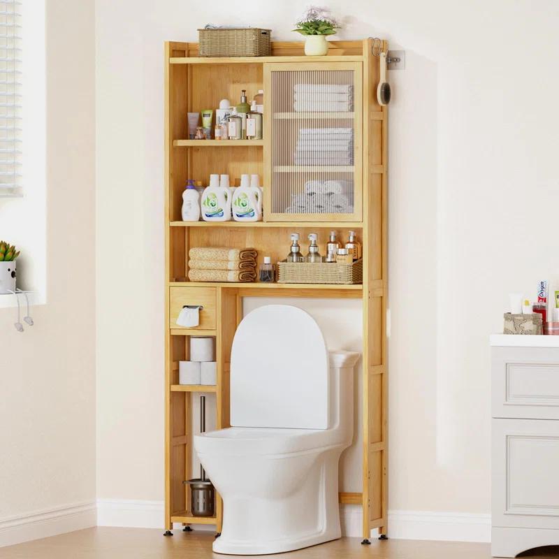 Latitude Run® Over The Toilet Storage Cabinet With Acrylic Door Panel And Paper Towel Drawer, Bamboo Space Saver Shelf, Bathroom Organizer Rack