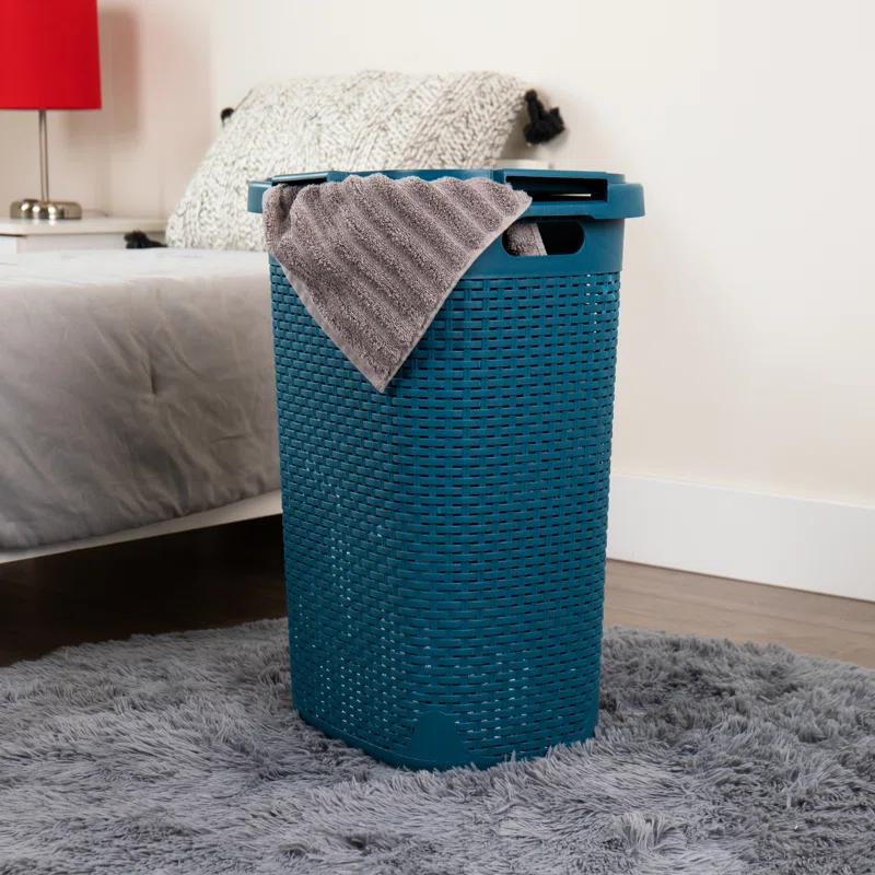 The Twillery Co.® 60L Slim Laundry Hamper, Clothes Basket, Lid, Wicker Style, Plastic