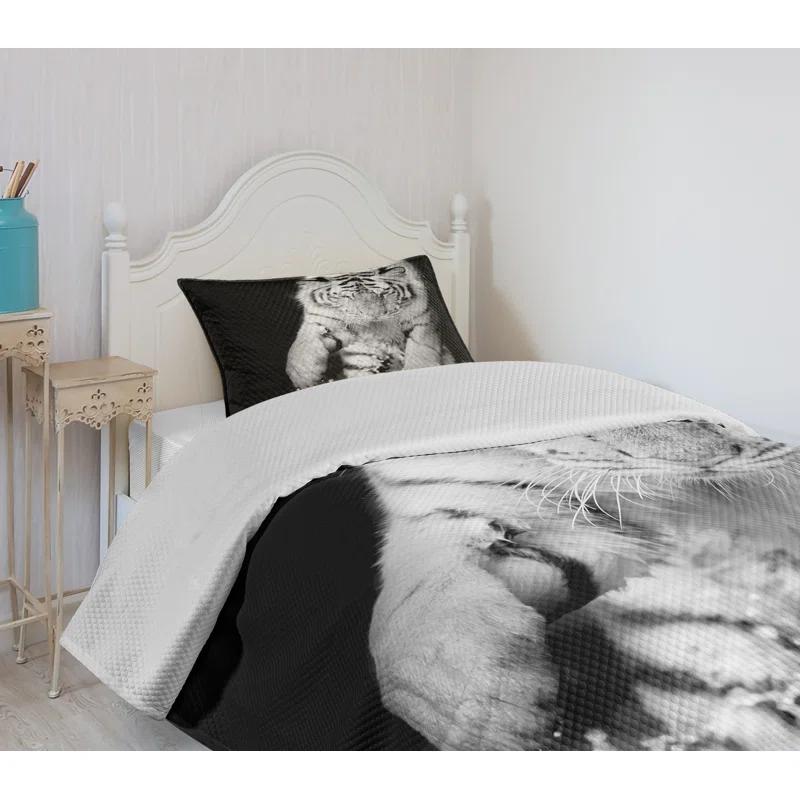 Ambesonne Ambesonne Tiger Bedspread Set Large Cat Plays in Water Black Pale Grey