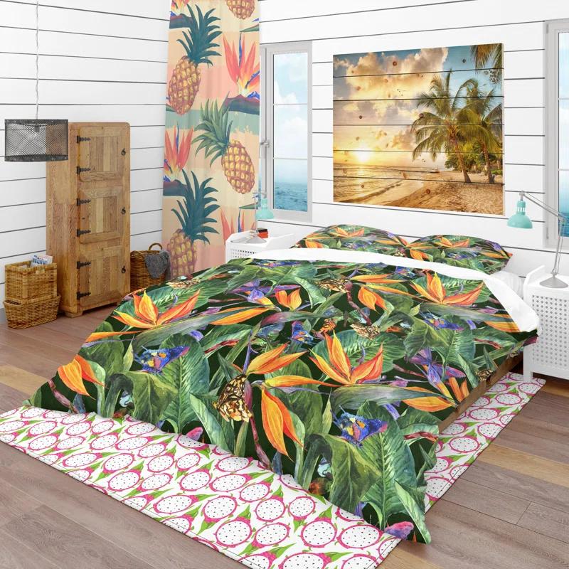 Design Art Tropical Pattern with Exotic Flowers - Tropical Floral Duvet Cover Set - Microfiber Polyester