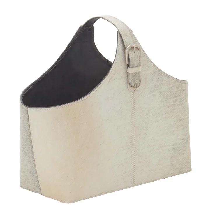 Millwood Pines Sandie Leather Handmade Wood Decorative Magazine Holder with Detail Stitching and Curved Buckle Handles