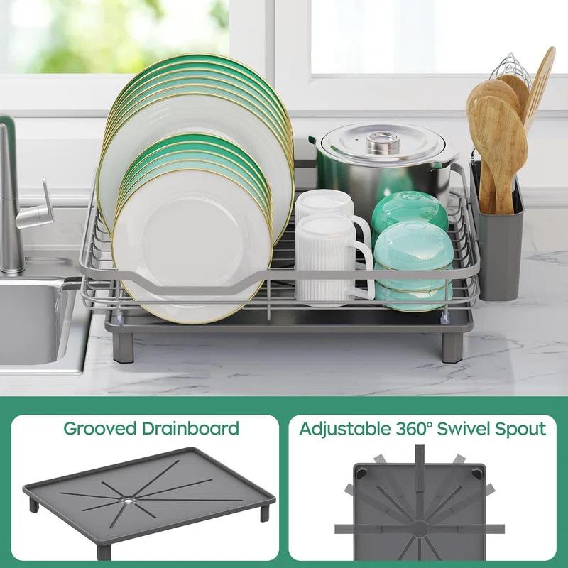 R&M Furniture Stainless Steel Rustproof Dish Drying Rack - Sturdy Dish Drainer for Kitchen Countertops with Drainer Plate, Multifunctional Design, Suitable for a Variety of Kitchen Utensils, Dimensions 16.2“ (L) x 12.6” (W)