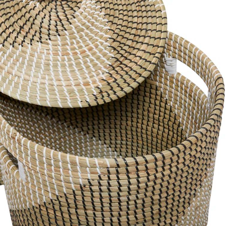 Seagrass Handmade Two Toned Decorative and Functional Storage Basket with Matching Lids