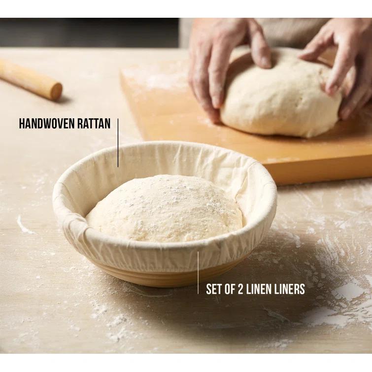kook Kook 2-Piece 9-Inch Banneton Bread Proofing Basket Set with Linen Liners (Set of 2)