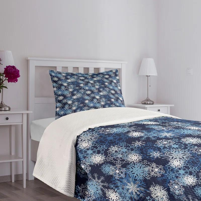 Ambesonne Ambesonne Winter Bedspread Set Ornate Snowflakes Xmas Pale Blue Dark Blue