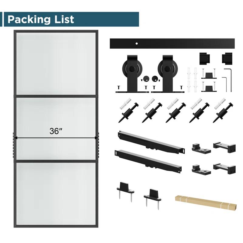 Metal and Glass Sliding Barn Door with Installation Hardware Kit ( Soft-close Included)