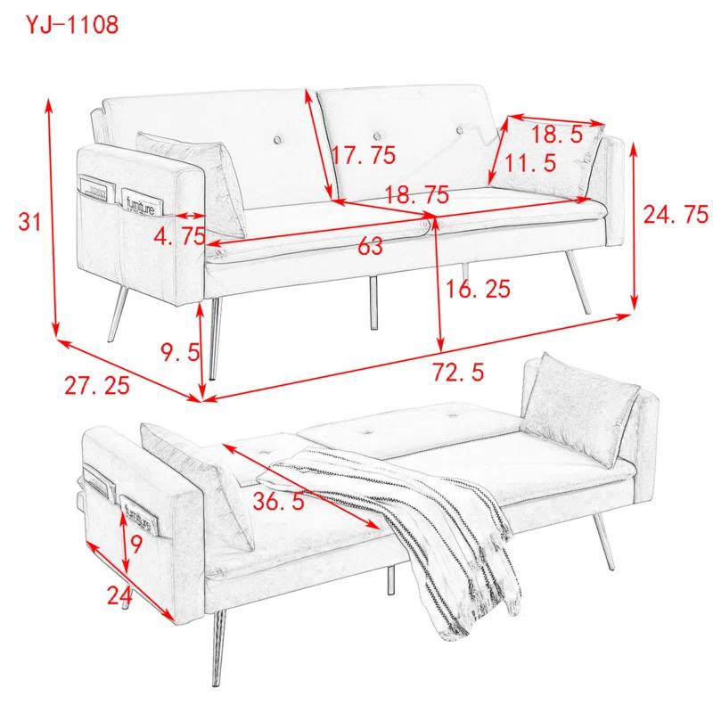 Mercer41 72.5"  Convertible Sofa Bed, Adjustable Velvet Sofa Bed - Velvet Folding Lounge Recliner - Reversible Daybed  - Ideal For Bedroom With Two Pillows And Center Leg