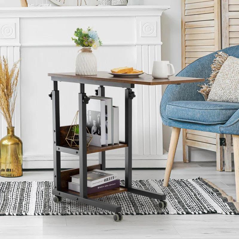 17 Stories Hadulcet C Shaped Side Table Adjustable, Height Adjustable C Table With Wheels And Storage Shelves For Couch Bed Recliner Rustic Brown