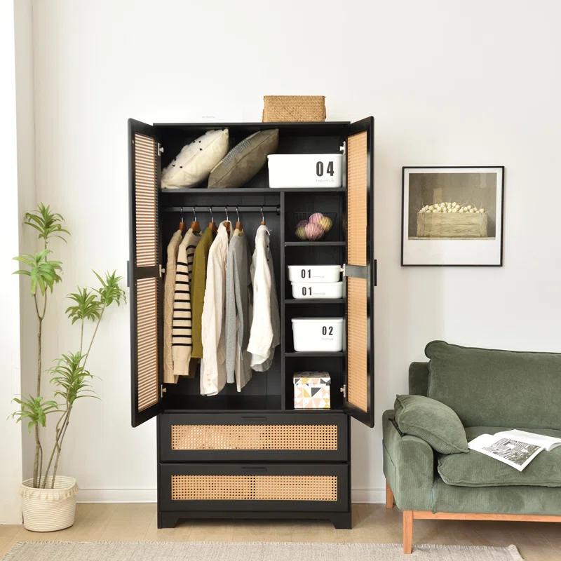 Bay Isle Home™ Solid Pine Wood Rattan Closet with 2 Drawers