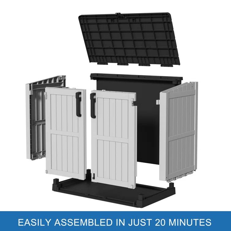 Emperic Design Resin Tool Shed, 36 Cu Ft Waterproof Outdoor Horizontal Storage, Weather-resistant Utility Shed With Air Vent For Trash And Lockable Doors, Garden Tools (black And White)